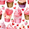 seamless pattern with cute cupcakes with pink cream and hearts. Valentine\'s Day print.