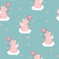 Seamless pattern with cute cupid pigs on the clouds.