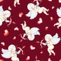 Seamless pattern with cute cupids with bow, arrows and hearts. Little angels. Hand-drawn watercolor illustration. On Royalty Free Stock Photo