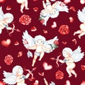 Seamless pattern with cute cupids with bow, arrows and hearts. Little angels. Hand-drawn watercolor illustration. On Royalty Free Stock Photo