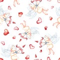 Seamless pattern with cute cupids with bow, arrows and hearts. Little angels. Hand-drawn watercolor illustration Royalty Free Stock Photo