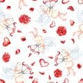 Seamless pattern with cute cupids with bow, arrows, hearts and roses. Hand-drawn watercolor illustration. For Royalty Free Stock Photo