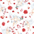 Seamless pattern with cute cupids with bow, arrows, hearts and roses. Hand-drawn watercolor illustration. For Royalty Free Stock Photo