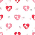 Seamless pattern with cute Cupids and watercolor hearts. Royalty Free Stock Photo