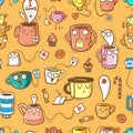 Seamless pattern with cute cups and sweets on orange background. Wallpaper with mugs and tea sachets.