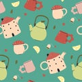 Seamless pattern with cute cups and teapots. Vector graphics