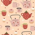 Seamless pattern with cute cups and teapots. Vector graphics