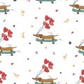 Seamless pattern with cute dachshund and heart ballons.