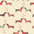 Seamless pattern with cute dachshunds in clothes and dog prints. Vector illustration. Royalty Free Stock Photo