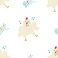 Seamless pattern with cute dancing chicken, little rooster