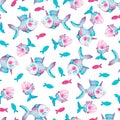 Seamless pattern with cute decorative fishes. Funny multicolor background