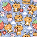 Seamless pattern of cute deer with tiny icon background.Wild animal character cartoon.Strawberry Royalty Free Stock Photo