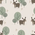 Seamless pattern with cute deer among the trees. Decorative wallpaper for the nursery in the Scandinavian style. Vector. Suitable Royalty Free Stock Photo