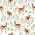 Seamless pattern with cute deers and greenery on white