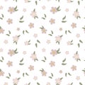 Seamless pattern, cute delicate pink flowers and leaves on a white background. Textile, print, cover