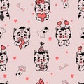 Seamless pattern. Cute different cat characters with gifts and hearts on light pink background with cat paws and ears