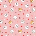 Seamless pattern of a cute different cats, hearts and animal\'s paws