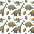 Seamless Pattern with Cute various Dinosaurs blue and yellow