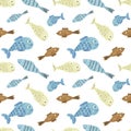 Seamless pattern with cute different types of fish illustrations.