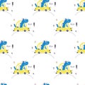 Seamless pattern with cute dino and car. Kids print. Vector Illustration Royalty Free Stock Photo