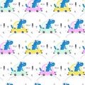 Seamless pattern with cute dino and car. Kids print. Vector Illustration Royalty Free Stock Photo
