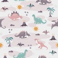Seamless pattern cute dinos family