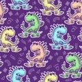 Seamless pattern cute dinosaur in glasses, rides on skate. Cartoon funny animal vector illustration. cool skater dino character. Royalty Free Stock Photo