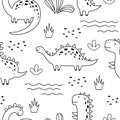 Seamless pattern with cute dinosaur in outline sketchy style. Funny cartoon dino. Hand drawn vector doodle for kids Royalty Free Stock Photo