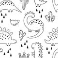 Seamless pattern with cute dinosaur in outline sketchy style. Funny cartoon dino. Hand drawn vector doodle for kids Royalty Free Stock Photo