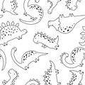 Seamless pattern with cute dinosaur in outline sketchy style. Funny cartoon dino. Hand drawn vector doodle for kids Royalty Free Stock Photo