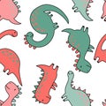 Seamless pattern with cute dinosaur in outline sketchy style. Funny cartoon dino. Hand drawn vector doodle for kids Royalty Free Stock Photo