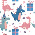 Seamless pattern cute dinosaur in style cartoon, happy birthday. Isolated on white background. Vector flat illustration. Royalty Free Stock Photo