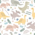 Seamless pattern of cute dinosaurs and floral isolated on white background Royalty Free Stock Photo