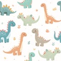 Seamless pattern of cute dinosaurs isolated on white