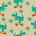 Seamless pattern with cute dinosaurs on skate board, For fabric textile, nursery, baby clothes, background, textile, wrapping