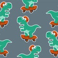 Seamless pattern with cute dinosaurs on skate board, For fabric textile, nursery, baby clothes, background, textile, wrapping