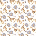 Seamless pattern with cute dinosaurs in space. Dinosaurs dreaming of a rocket, drawn in a flat style on a white