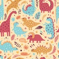 Seamless pattern of cute dinosaurs with tropical leaves. Hand drawn vector illustration. Cute dino design for kids. Royalty Free Stock Photo