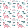 Seamless pattern with cute dinosaurs and tropical plants . Childrens colorful print on fabric, textile, Royalty Free Stock Photo