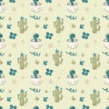 Seamless pattern with cute dinosaurs and tropical plants Childrens colorful print on fabric, textile, Royalty Free Stock Photo