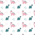 Seamless pattern with cute dinosaurs and tropical plants on white background. Royalty Free Stock Photo