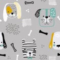 Seamless pattern with cute dog faces, bones and hand drawn elements. Creative childish texture in scandinavian style. Great for
