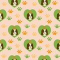 Seamless pattern with cute dog. Spaniel in heart, dog friendly text and finger print Vector illustration for kids room