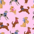 Seamless pattern with cute dogs with colorful ribbons on their necks. Vector graphics Royalty Free Stock Photo