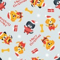 Seamless pattern of cute dogs of different breeds in Christmas costumes
