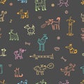 Seamless pattern with cute dogs on gray background. Doodle cartoon puppies wallpaper.