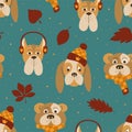 Seamless pattern of cute dogs with warm autumn accessories on the green background. Dogs with scarf, hat and headphones