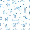 Seamless pattern with cute dogs on white background. Doodle cartoon puppies wallpaper.