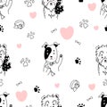 Cute seamless pattern with domestic Funny dogs with bone in paw and bow on neck on white background with paw marks and
