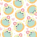 Seamless pattern of cute donut smile frog head with strawberry on white background Royalty Free Stock Photo